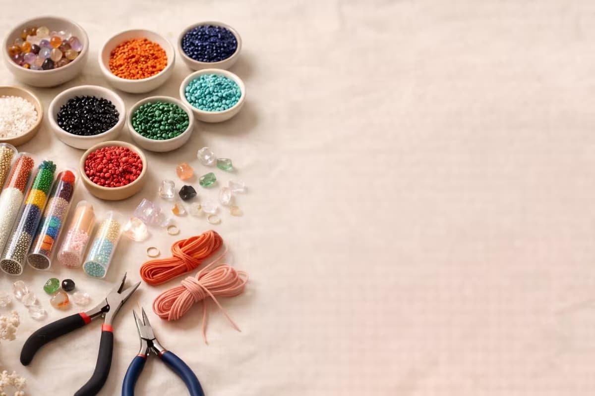 Materiales de bisutería artesanal con cuentas, mostacillas y herramientas sobre fondo claro