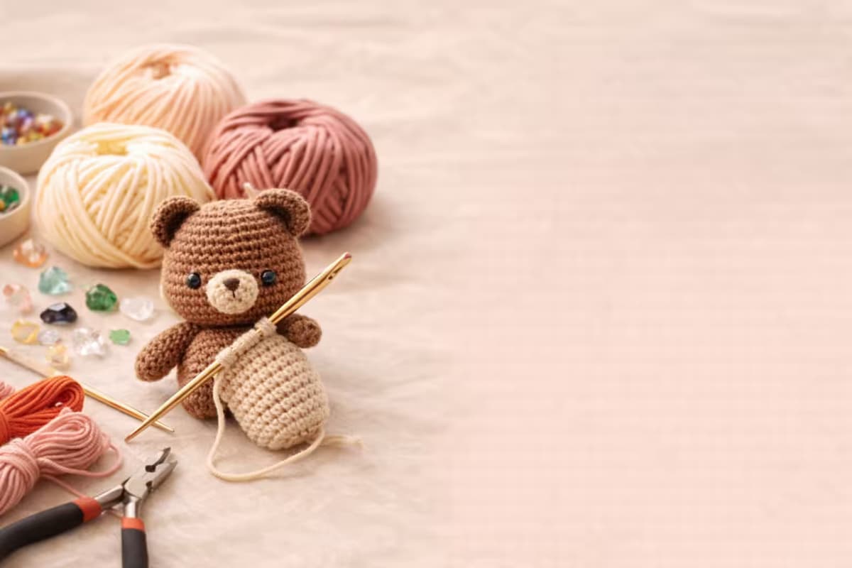 Materiales para tejidos crochet con hilos y lana en ambiente artesanal cálido