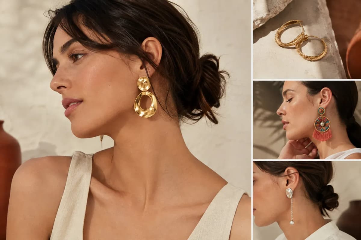 Composición editorial con aretes escultóricos, argollas, piezas artesanales y diseños asimétricos